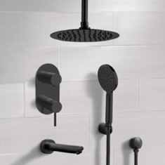 Black Tub and Shower Faucet Set with Handheld and Ceiling Shower Head